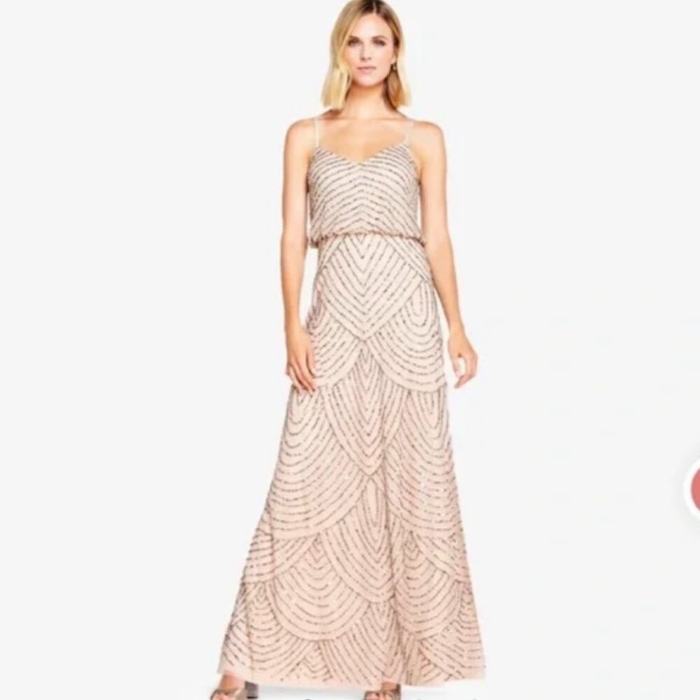 Adrianna Papell women's Beaded maxi gown Art Deco blush/pink spaghetti straps